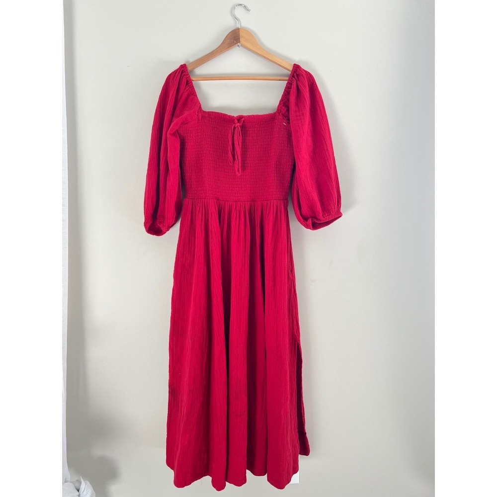 Quince Red Organic Cotton Gauze Smocked Maxi Dress Puff Sleeve Size M